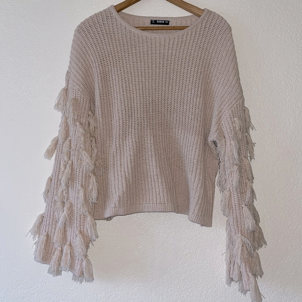 Fringed Sleeve Knit Sweater